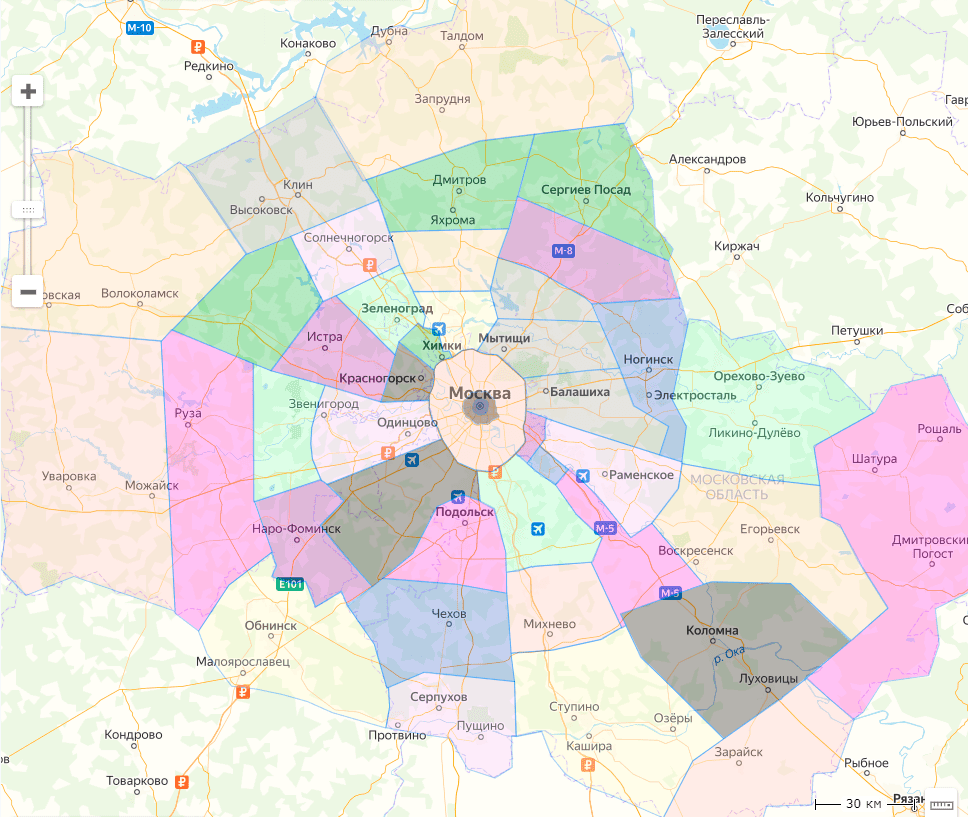 Карта с настроенными зонами доставки и панелью управления